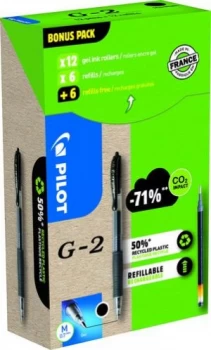 Image of Pilot Greenpack G-2 Gel 0.7mm Black 12 Pens and 12 Refills