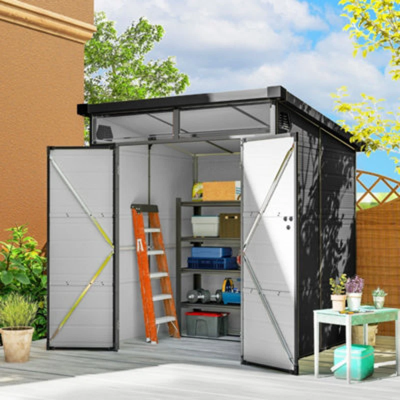 Image of Outsunny 6 x 6ft Plastic Garden Shed with Windows and Air Vents, Dark Grey Mid Grey