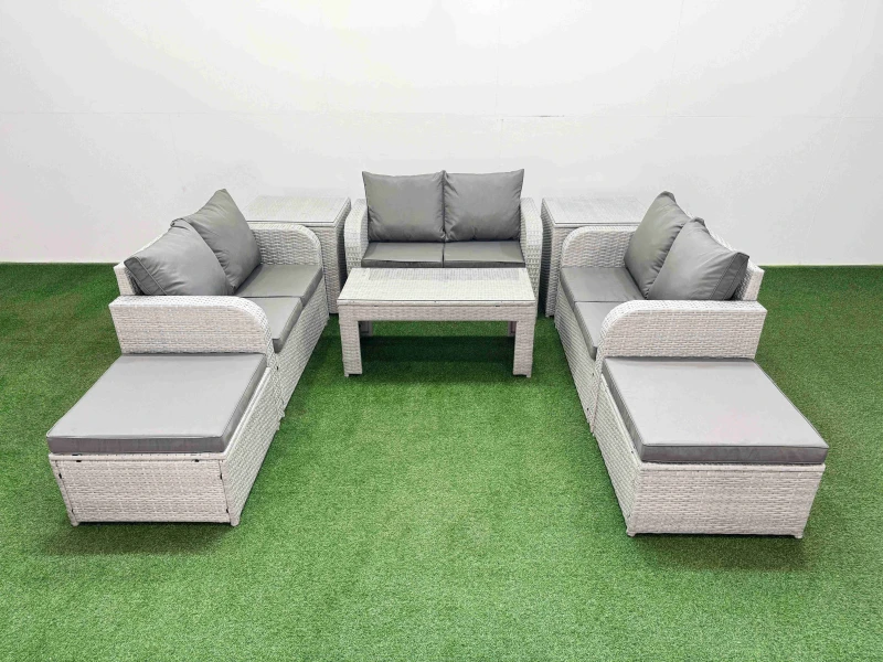 Image of Fimous 8 Seater PE Wicker Rattan Furniture Sofa Sets with Oblong Coffee Table 2 Seater Love Sofa 2 Big Footstool 2 Side Table Light Grey Light Grey