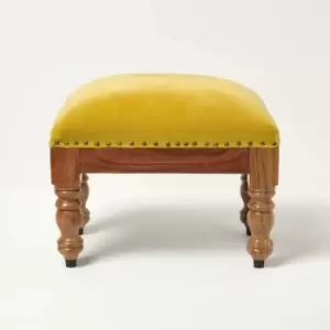 Image of HOMESCAPES Mable Mustard Yellow Velvet Rectangular Footstool - Yellow