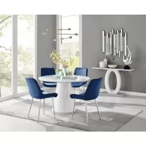 Image of Furniturebox Palma White High Gloss 4 Seat Minimalist Post Modern Round Dining Table & 4 Navy Pesaro Silver Leg Velvet Chairs