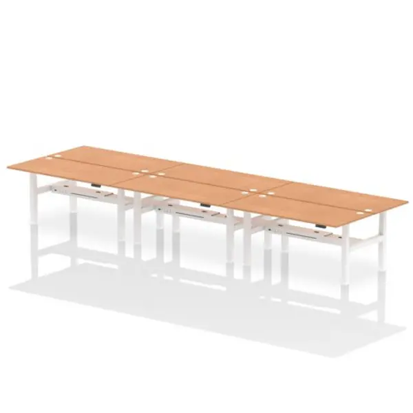 Image of Air Air Back-to-Back 1800 x 800mm Height Adjustable 6 Person Bench Desk Oak Top with Cable Ports White Frame HASCP6P18800OAKW