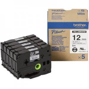 Image of Brother HGe-M931V5 Labelling tape 5 Piece set Tape colour: Silver (matt) Font colour: Black 12mm 8 m