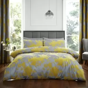 Image of Catherine Lansfield Velvet Rose Ochre and Silver Duvet Cover and Pillowcase Set Yellow/Grey