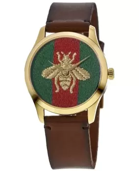 Image of Gucci G-Timeless Gold Tone Green & Red Bee Dial Leather Strap Unisex Watch YA126451A YA126451A