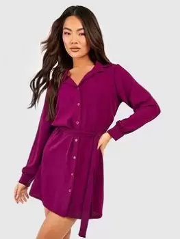 Image of Boohoo Tie Waist Shirt Dress - Magenta, Pink, Size 10, Women