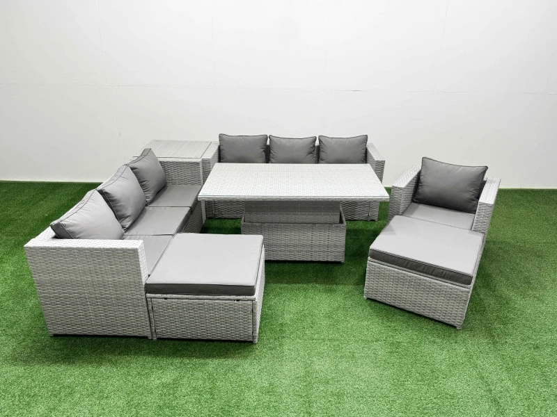 Image of Fimous 7 Pcs Rising Dining Table Set Rattan Furniture Set With 3 Seater Sofa Chair 2 Big Footstool Side Table Light Grey
