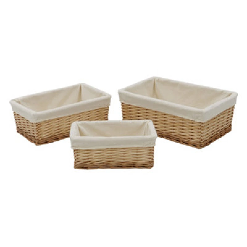 Image of JVL Hand Woven Acacia Set of 3 Rectangular Willow Storage Baskets with Lining Gold