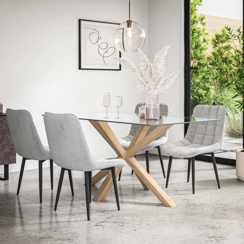 Image of More4Homes Etta Glass Dining Table And Chairs - Glass Top W Solid Oak Legs + Nova Velvet Dining Chair Set Of 6 (Grey)