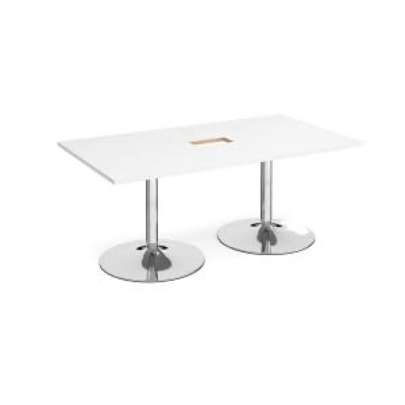 Image of Trumpet Base Rectangular Office Boardroom Table with Power Module Cut Out - White - Chrome Base - W1800mm