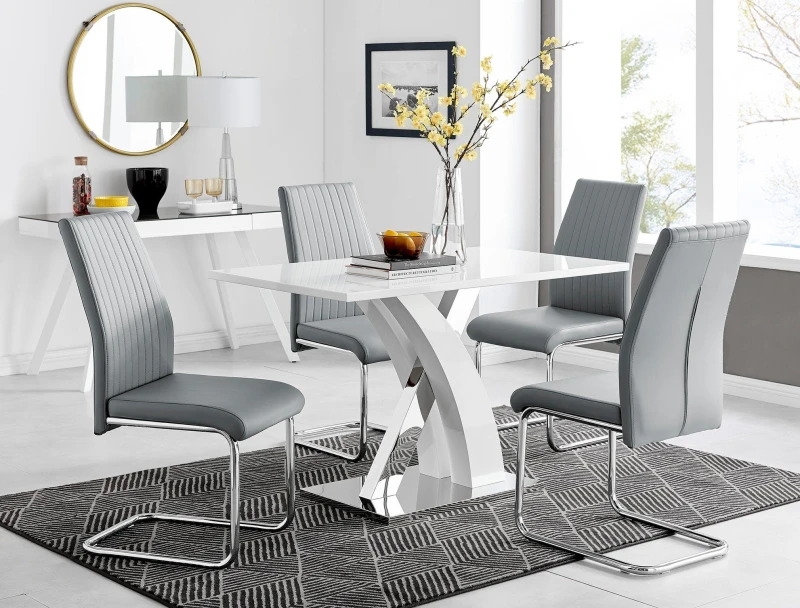 Image of FurnitureboxUK FurnitureboxUK Atlanta White High Gloss and Chrome 4 Seater Dining Table with X Shaped Legs and 4 Faux Leather Lorenzo Chairs in Grey G