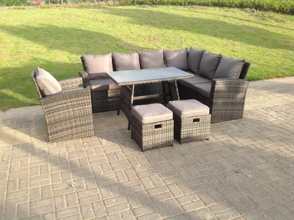 Image of Fimous 7 Seater Outdoor Dark Grey High Back Rattan Lounge Complete Sofa Set with Rectangular Dining Table and 2 Big Footstools
