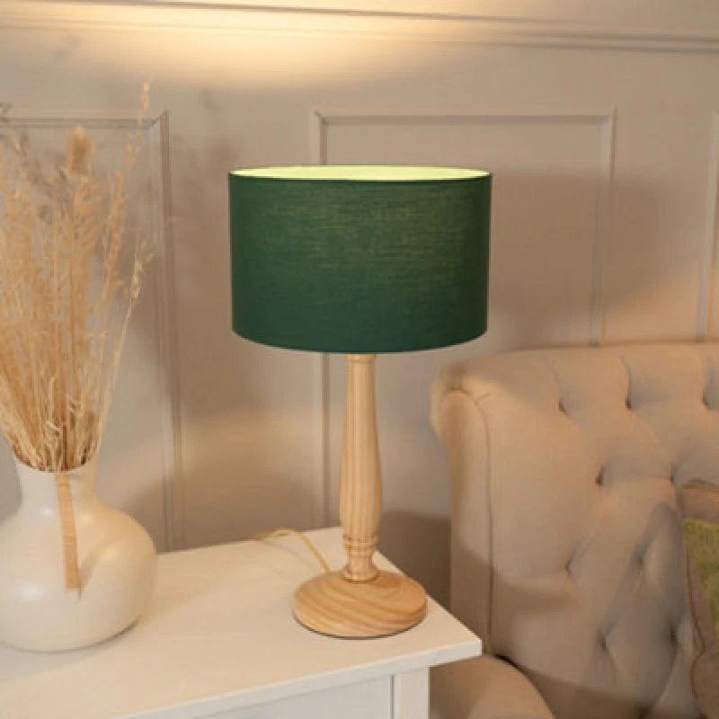 Image of ValueLights Victoria Light Wood Traditional Table Lamp with Fabric Drum Shade and LED Bulb Green