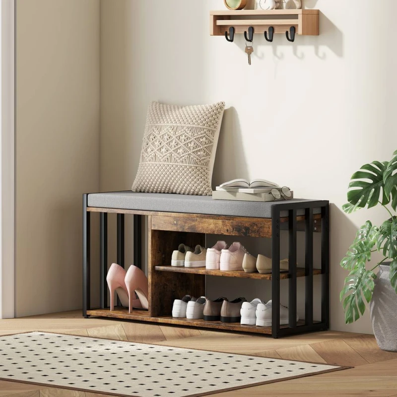 Image of HOMCOM Upholstered Entryway Shoe Bench with Storage Shelves, Rustic Brown Brown Unisex