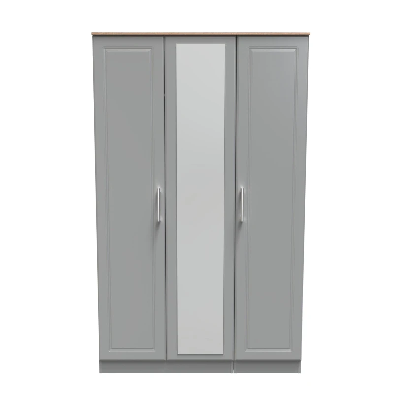 Image of Sevilla Ready Assembled Traditional Matt Dusk Grey & Oak Large Triple Wardrobe With 1 Mirror Door (H)1825mm (W)1110mm (D)530mm