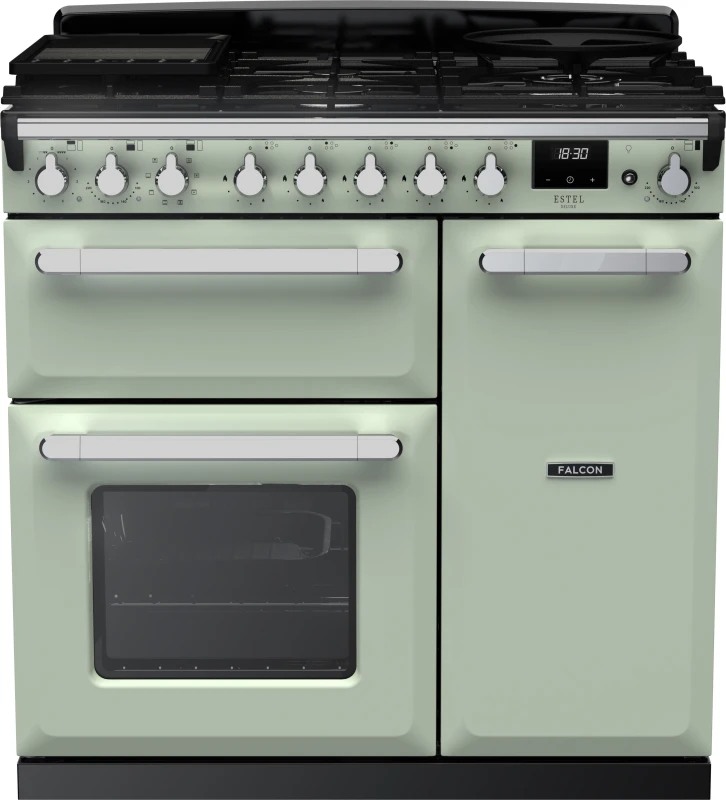 Image of Rangemaster Estel Deluxe ESDL90DFPMNT/CM1 90cm wide Dual Fuel Range Cooker with Gas Hob - Mint / Chrome - A/A Rated