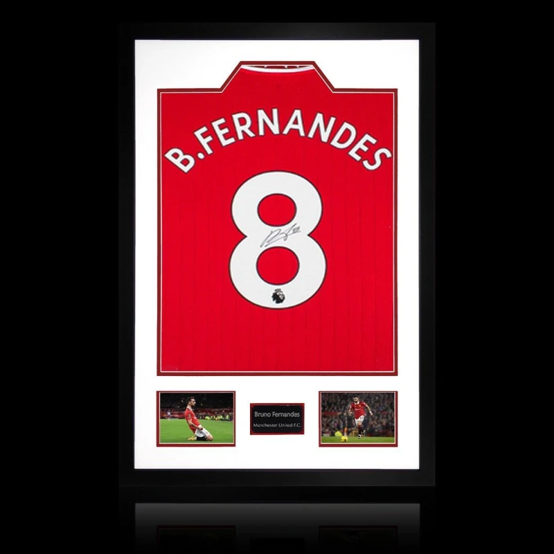 Image of The Fan Cave Bruno Fernandes Signed Manchester United Shirt Pre Red unisex 850x600mm