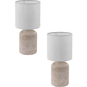 Image of 2 PACK Table Lamp Cream White Patterned Ceramic Shade White Fabric E14 1x40W