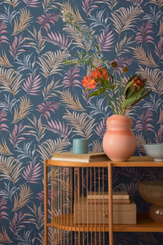 Image of As Creation Bricoflor Non-Woven Wallpaper, Leaf & Palm Wallpaper In Blue, Red - 10,05 X 0,53 M