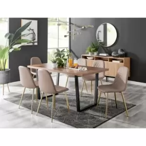 Image of Kylo Brown Wood Effect Dining Table & 6 Cappuccino Corona Faux Leather Dining Chairs with Gold Legs Diamond Stitch - Cappuccino