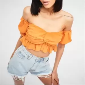 Image of Missguided Mesh Frill Bardot Crop Top - Brown