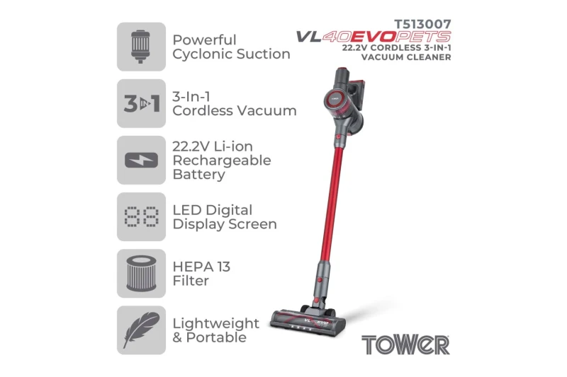 Image of Tower VL40 EVO Pets 22.2V Cordless Vac 3-IN-1 Vacuums Medium Red 40783408390