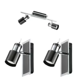 Image of Twin Ceiling Spot Light & 2x Matching Wall Lights Black Nickel Chrome Shade Head