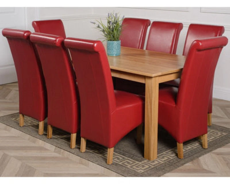 Image of Thats Furniture Oslo 180 x 90cm Large Oak Dining Table & 8 Montana Leather Chairs in Red Red Unisex 180 x 90 cm