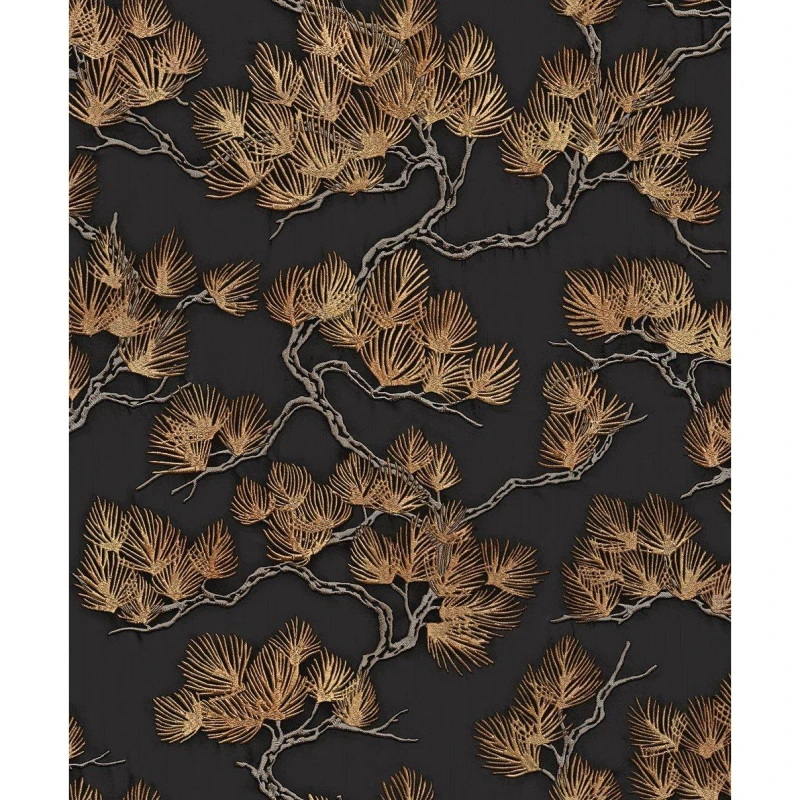 Image of DUTCH WALLCOVERINGS Dutch Wallcoverings - Black Copper Pine Tree Wallpaper Textured Embossed Metallic Paste The Wall Vinyl 8809660036594