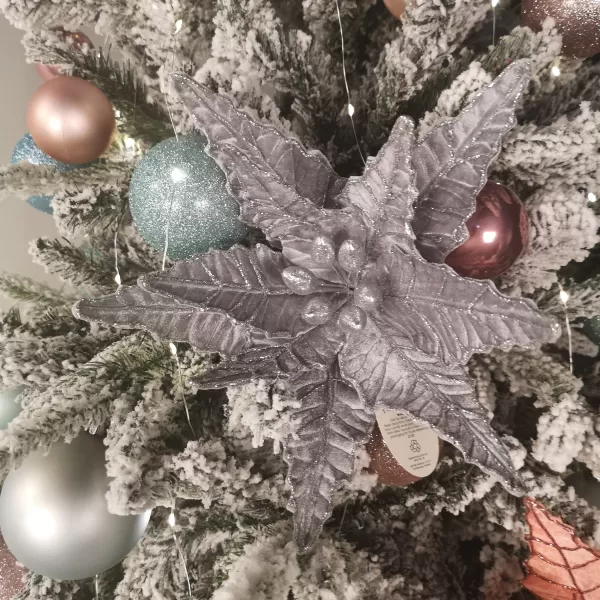 Image of 50cm Silver Velvet Poinsettia Stem with Glitter Christmas Decoration