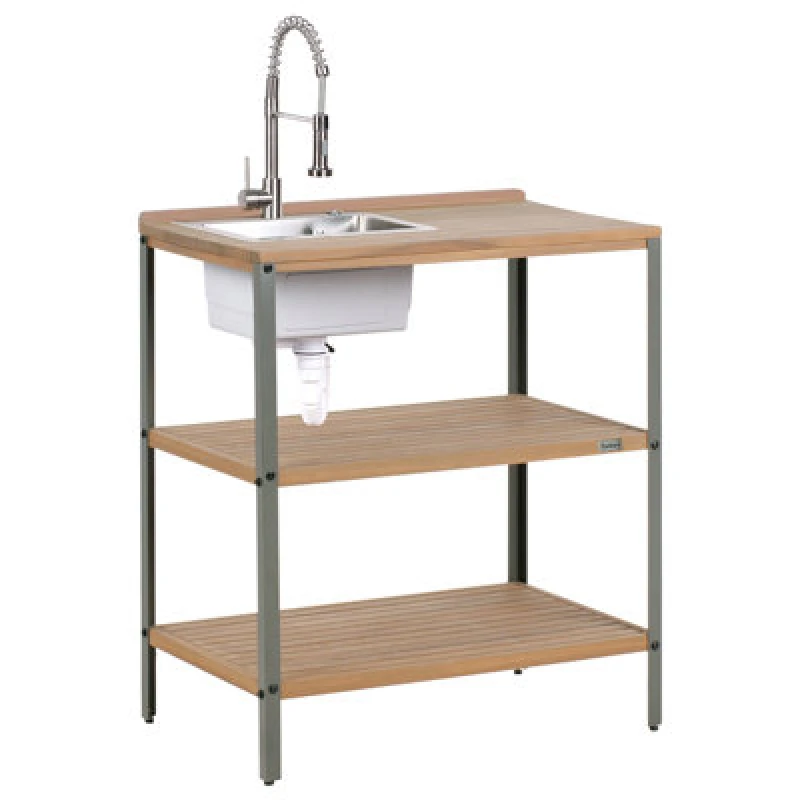 Image of Beliani Outdoor Kitchen Island With Sink Ivrea Certified Acacia Wood Brown/ Silver