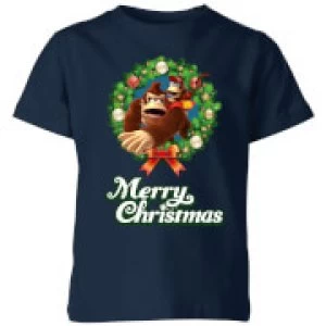 Image of Nintendo Donkey Kong Wreath Merry Christmas Kid's T-Shirt - Navy - 5-6 Years - Navy