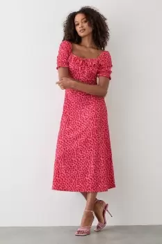 Image of Pink Animal Square Neck Frill Midi Dress