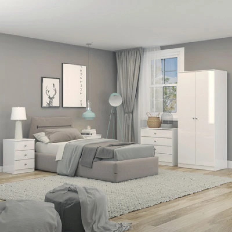 Image of Seconique Denver 2 Door Wardrobe Bedroom Set - White Gloss