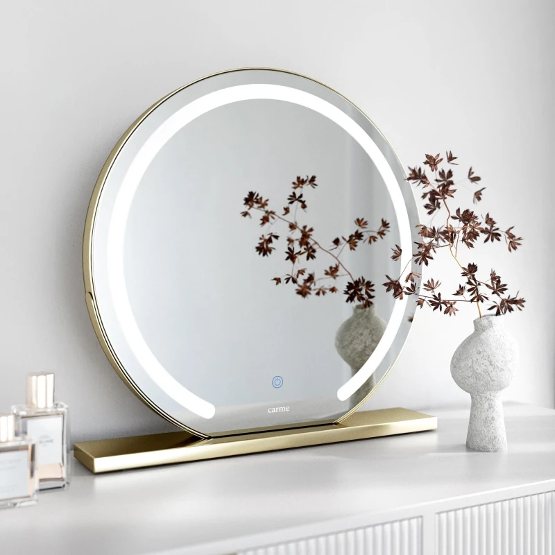 Image of CARME HOME Elsie Large Gold Touch Sensor LED Makeup Mirror with Lights Gold Unisex