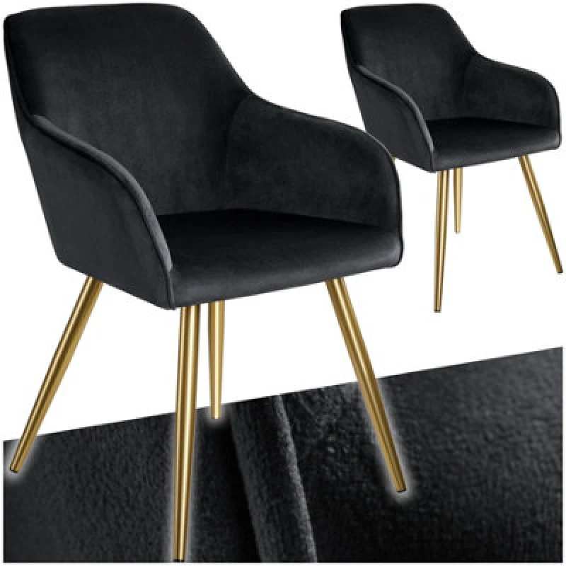 Image of Tectake Set Of 2 Chair Marilyn With Velvet Cover, Gold Steel Legs And Plush Padding - Black/gold
