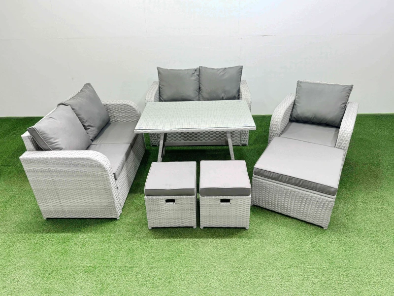 Image of Fimous 8 Seater Rattan Garden Furniture Set Love Sofa Reclining Chair Set in Light Grey Light Grey Unisex
