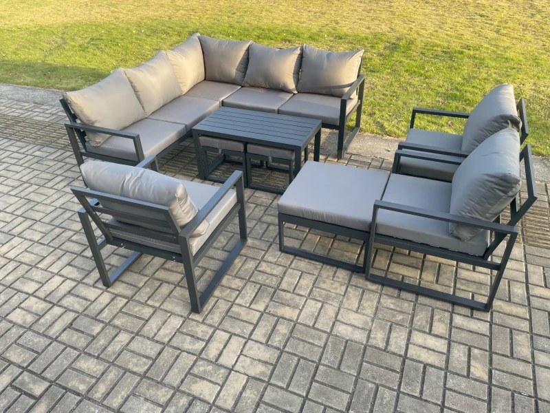 Image of Fimous 11 Seater Aluminium Outdoor Garden Furniture Set Patio Lounge Sofa with Oblong Coffee Table Chair 3 Footstools Dark Grey Dark Grey Unisex