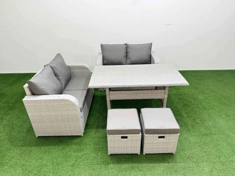 Image of Fimous 6 Seater Outdoor Love Sofa Set Rattan Garden Furniture Set with Rectangular Dining Table 2 Small Stools Light Grey Light Grey