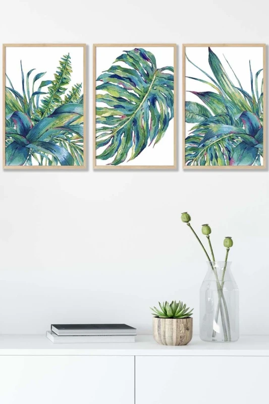 Image of ARTZE Framed Blue Green Watercolour Tropical Leaves Framed Wall Art - Medium in Light Oak Size: W45cm x H62cm x D20mm Light Oak Unisex W45cm x H6