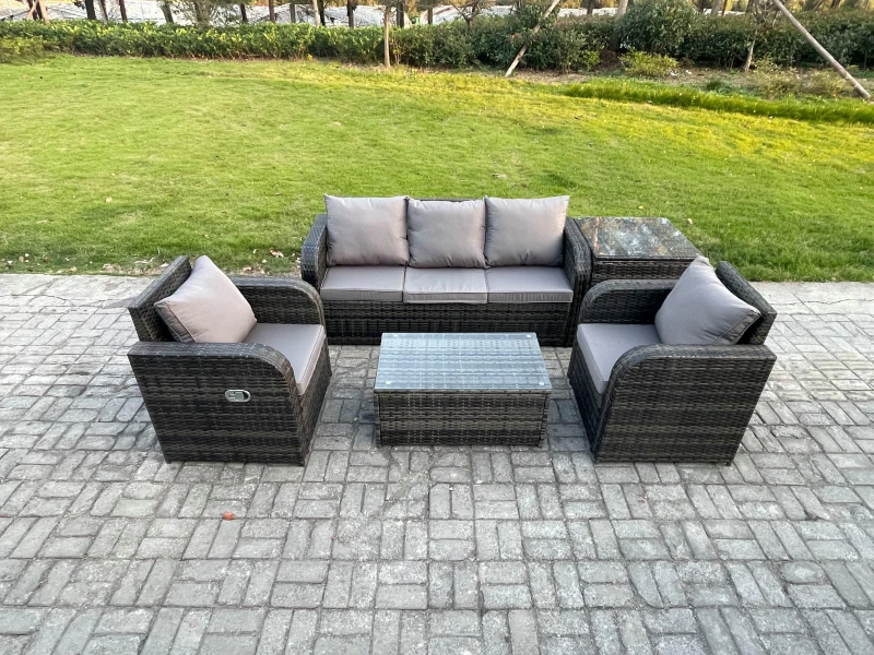 Image of Fimous Outdoor Rattan Garden Furniture Set Patio Lounge Sofa Set with Reclining Chair Rectangular Coffee Table Side Table Dark Grey
