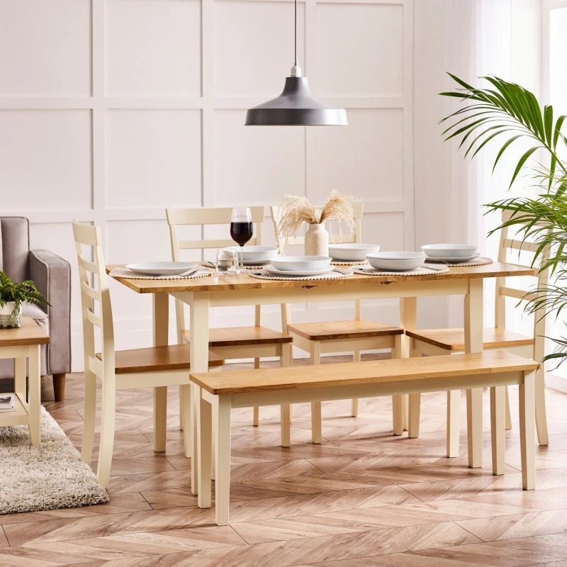 Image of FurnitureboxUK FurnitureboxUK Salcombe Extending Rectangular Wooden Table with 4 Whitby Chairs & 1 Large Bench in Cream Cream One Size Unisex 50566571