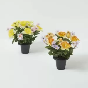 Image of Homescapes - Set of 2 Daisy & Daffodil Artificial Flowers in Grave Pot - Multi-Coloured