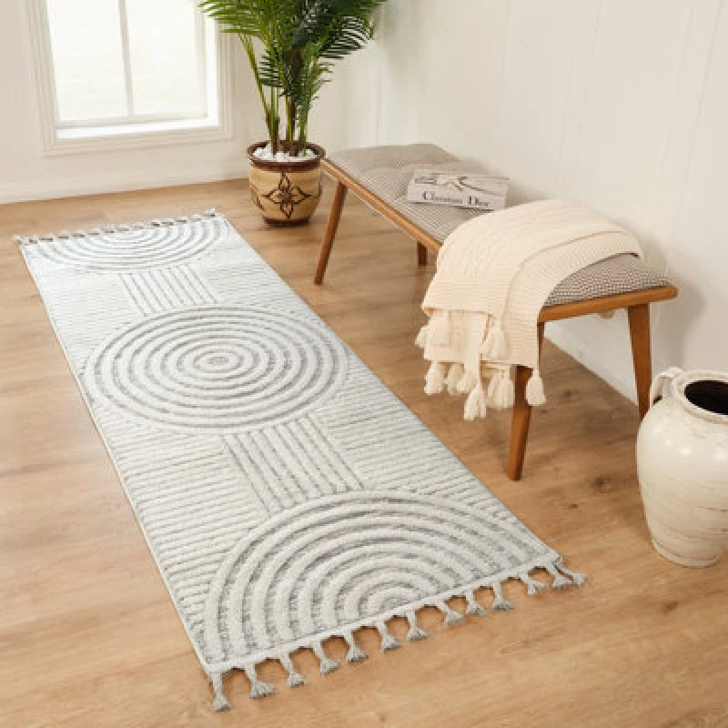 Image of Livabliss Nora-Modern Grey Ivory High Pile Fringe Living Dining Bedroom Rug 80 X 220 Cm Easy Care, Non Shedding