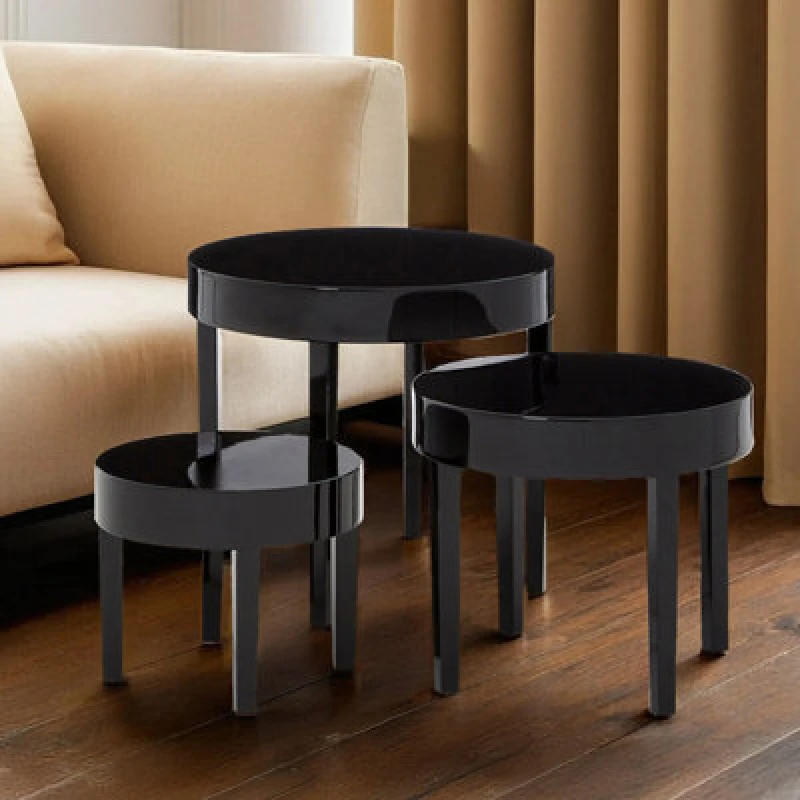 Image of Premier Housewares Black Set of 3 Nesting Tables, Glossy Finish Nesting Table with Square Legs, Coffee Tables for Living Room Black
