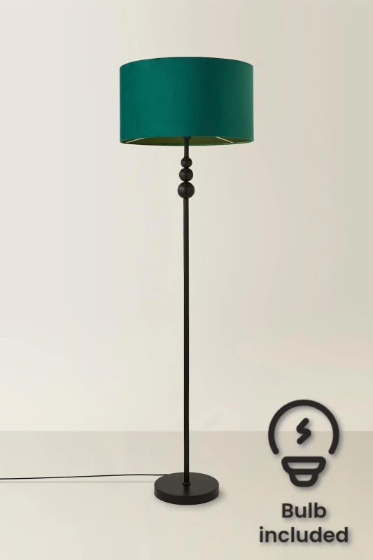 Image of ValueLights Marissa Velvet Drum Shade with Black Stacked Ball Floor Lamp with LED Bulb Bottle Green