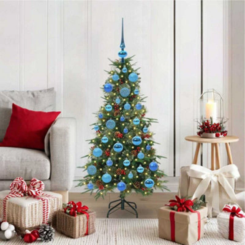 Image of vidaXL Artificial Hinged Christmas Tree with Blue Balls Green 120cm PE and PVC, Green 3397400