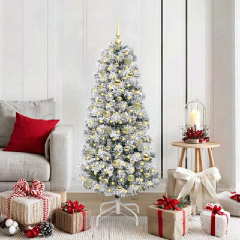 Image of vidaXL Artificial Hinged Christmas Tree with Gold Balls Green and white 150 cm, Green 3395590