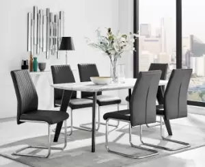 Image of Andria Marble Effect Dining Table With Black Legs & 6 Lorenzo Faux Leather Chairs