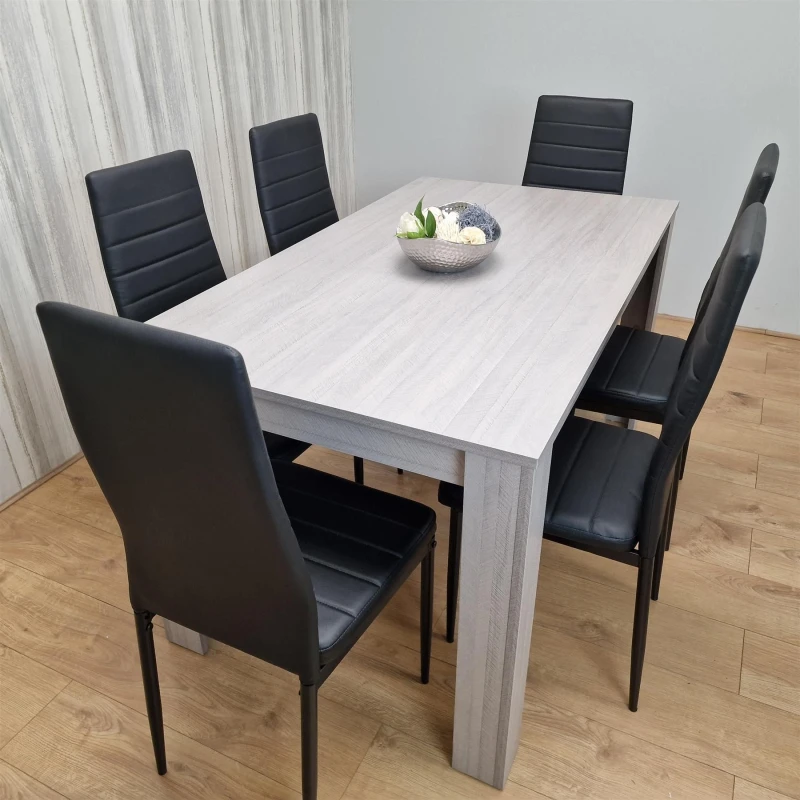 Image of KOSY KOALA Dining Table and 6 Chairs Grey 6 Black Leather Chairs Wood Dining Set Furniture Arrow Grey 140 + 6 Black Metal Chairs